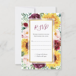 Sunflower Burgundy Fall Gold Floral Wedding RSVP Card