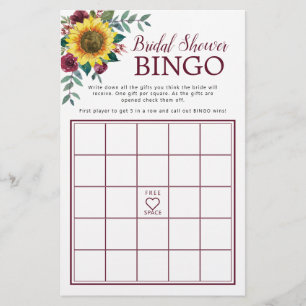 Sunflower Burgundy Floral Bridal Shower Bingo Game