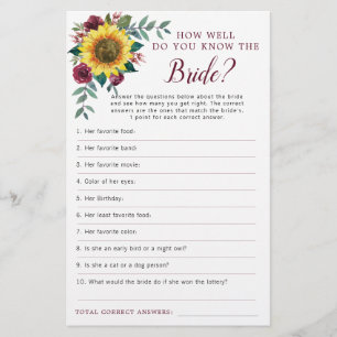 Sunflower Burgundy Floral Bridal Shower Game