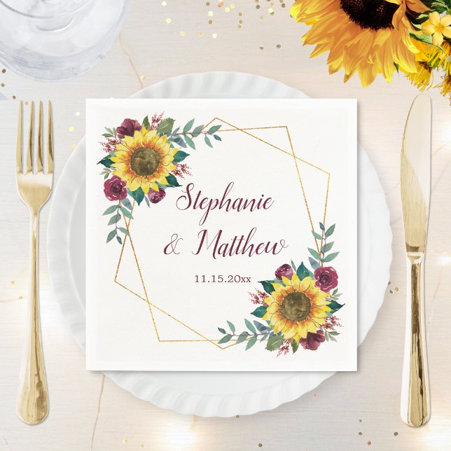 Sunflower Burgundy Floral Geometric Wedding Napkin (Creator Uploaded)