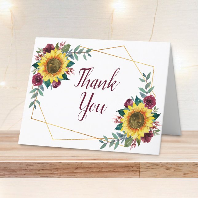 Sunflower Burgundy Floral Geometric Wedding Thank You Card (Creator Uploaded)
