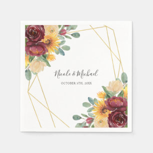 Sunflower Burgundy Floral Gold Geometric Wedding Napkin