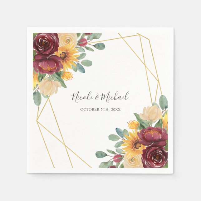 Sunflower Burgundy Floral Gold Geometric Wedding Napkin (Front)