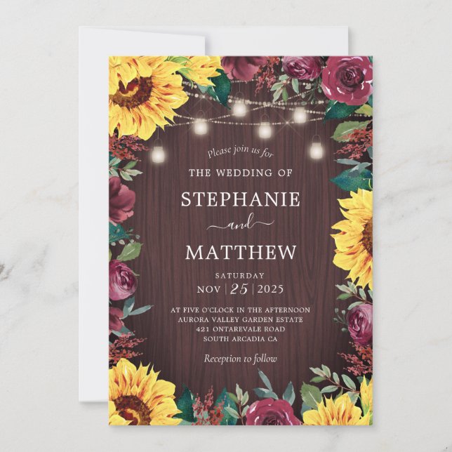 Sunflower Burgundy Floral Mason Jar Wedding Invitation (Front)