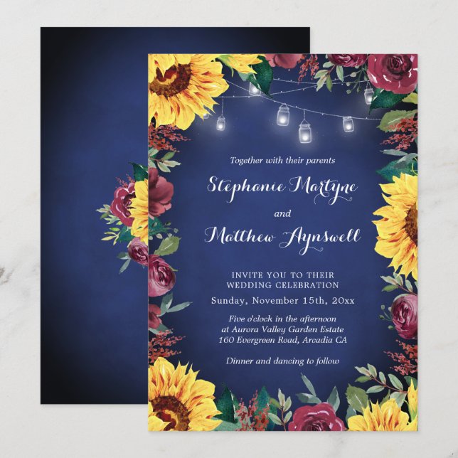 Sunflower Burgundy Floral Navy Jar Lights Wedding Invitation (Front/Back)