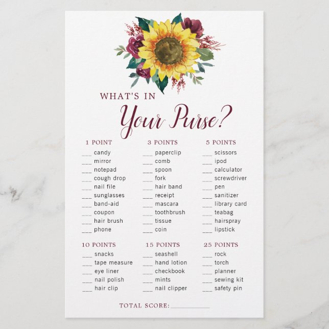 Sunflower Burgundy Floral Purse Bridal Shower Game (Front)