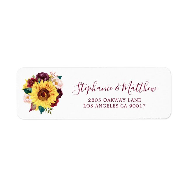 Sunflower Burgundy Floral Script Wedding Address (Front)