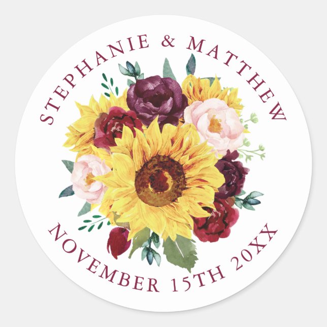 Sunflower Burgundy Floral Wedding Classic Round Sticker (Front)