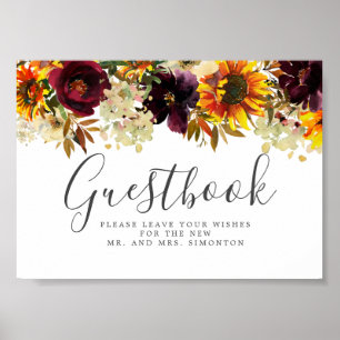 Sunflower Burgundy Floral Wedding Guestbook Sign