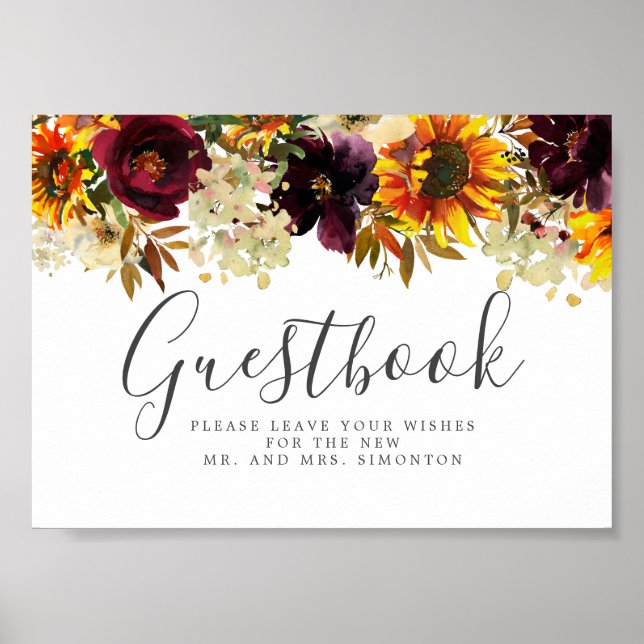 Sunflower Burgundy Floral Wedding Guestbook Sign (Front)