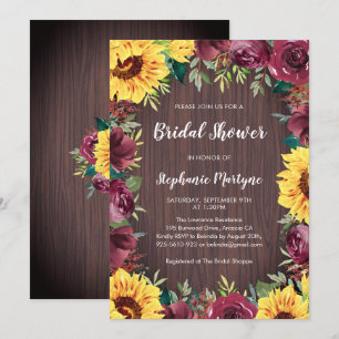 Sunflower Burgundy Floral Wood Bridal Shower Invitation