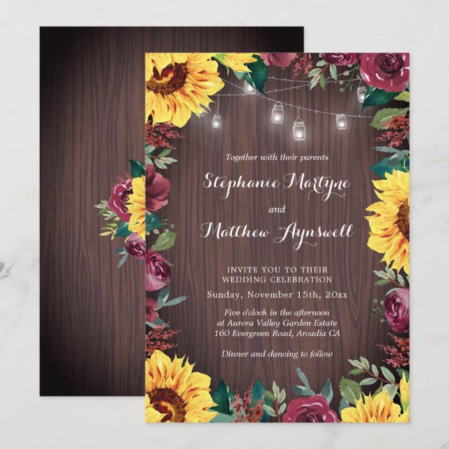 Sunflower Burgundy Floral Wood Jar Lights Wedding Invitation (Front/Back)