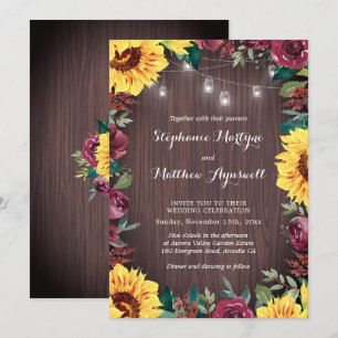 Sunflower Burgundy Floral Wood Jar Lights Wedding Invitation