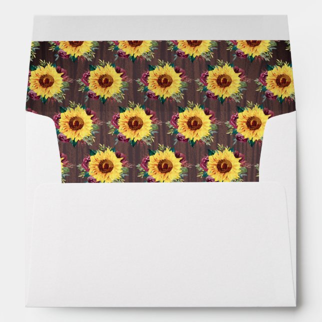 Sunflower Burgundy Floral Wood Wedding Envelope (Back (Bottom))