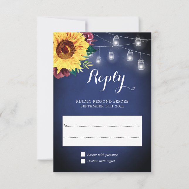 Sunflower Burgundy Jar Lights Floral Navy Wedding RSVP Card (Front)