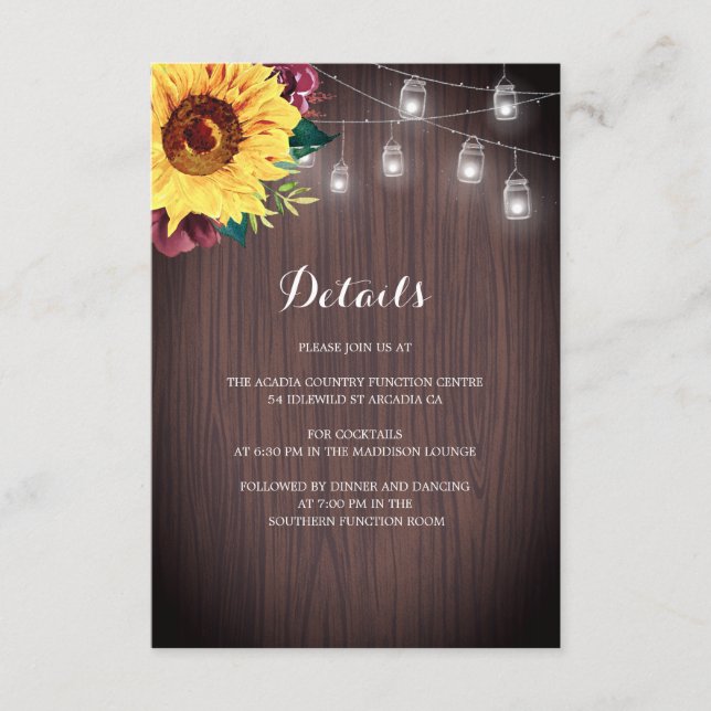 Sunflower Burgundy Jar Lights Wedding Details Enclosure Card (Front)