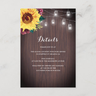 Sunflower Burgundy Jar Lights Wedding Details Enclosure Card