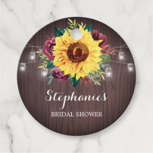 Sunflower Burgundy Jar Wood Bridal Shower Favour Tags