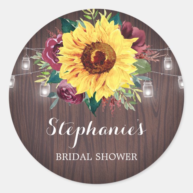 Sunflower Burgundy Jars Wood Bridal Shower Classic Round Sticker (Front)