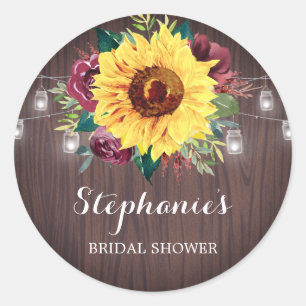 Sunflower Burgundy Jars Wood Bridal Shower Classic Round Sticker