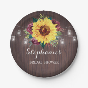 Sunflower Burgundy Jars Wood Bridal Shower Paper Plate
