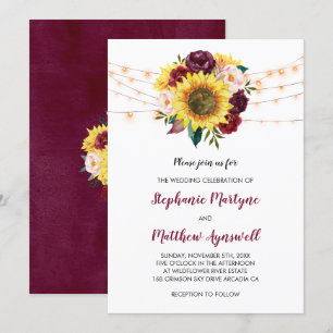 Sunflower Burgundy Marsala Floral Lights Wedding Invitation