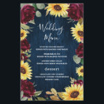 Sunflower Burgundy Navy Blue Wedding Menu Cards<br><div class="desc">Design features watercolor deep burgundy red roses,  sunflowers,  eucalyptus and other greenery elements over a rustic navy blue barn wood grain background.</div>