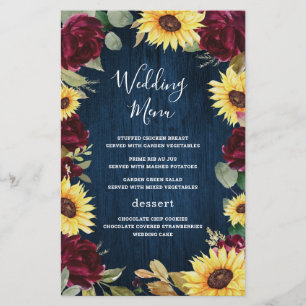 Sunflower Burgundy Navy Blue Wedding Menu Cards