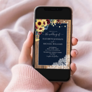 Sunflower Burgundy Navy Blue Wood Lace Wedding Inv Invitation