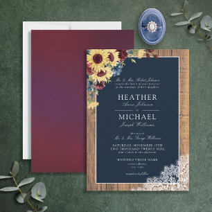 Sunflower Burgundy Navy Blue Wood Script Wedding Invitation
