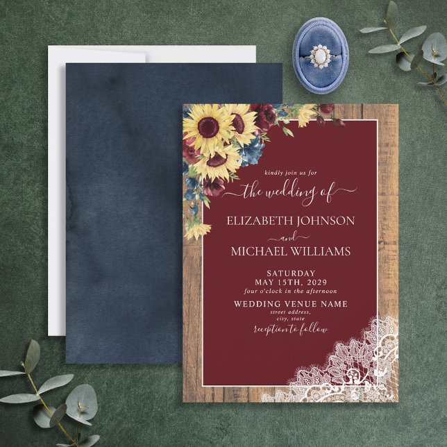 Sunflower Burgundy Navy Blue Wood Script Wedding Invitation (Creator Uploaded)