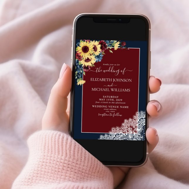 Sunflower Burgundy Navy Blue Wood Script Wedding  Invitation (Creator Uploaded)