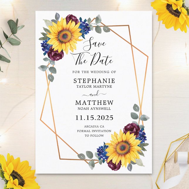 Sunflower Burgundy Navy Floral Geometric Wedding Save The Date (Creator Uploaded)