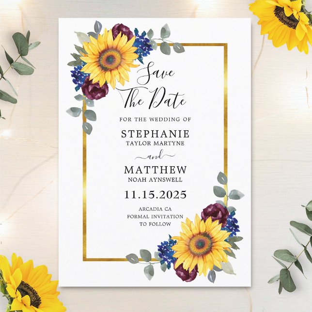 Sunflower Burgundy Navy Floral Gold Border Wedding Save The Date (Creator Uploaded)