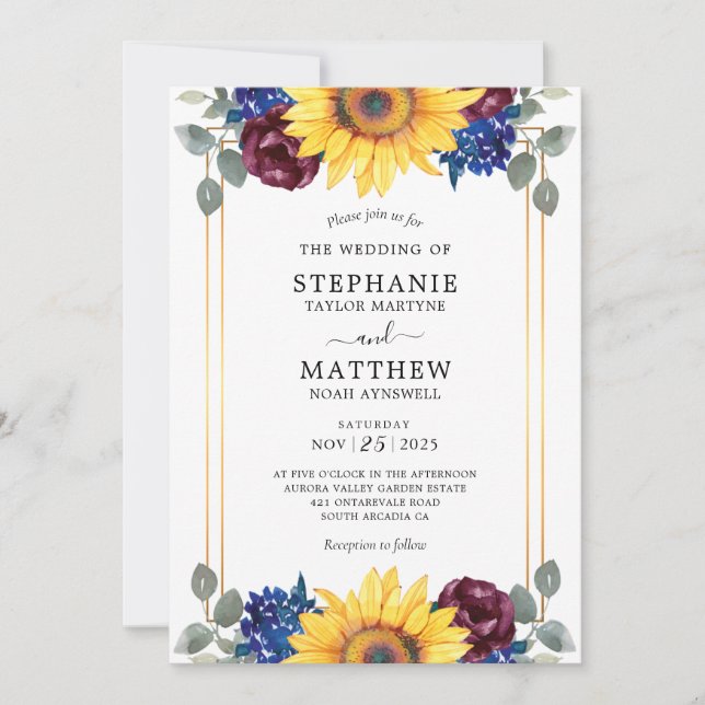 Sunflower Burgundy Navy Floral Gold Wedding Invitation (Front)