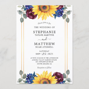 Sunflower Burgundy Navy Floral Gold Wedding Invitation