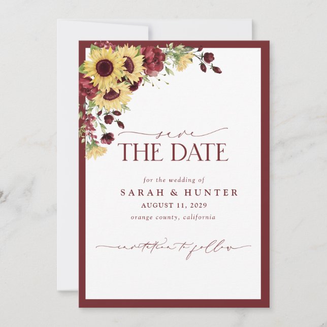 Sunflower Burgundy Photo Wedding Save The Date (Front)