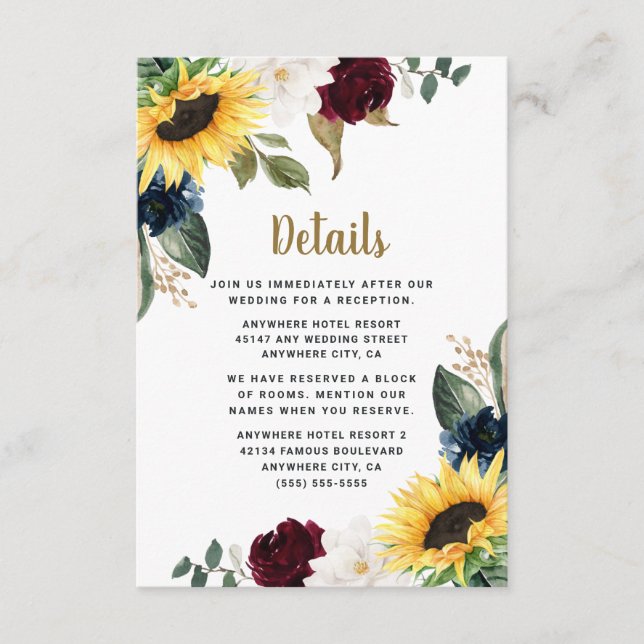 Sunflower Burgundy Red and Navy Blue Roses Wedding Enclosure Card (Front)