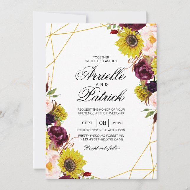 Sunflower Burgundy Red Blush Peony Rose Invitation (Front)