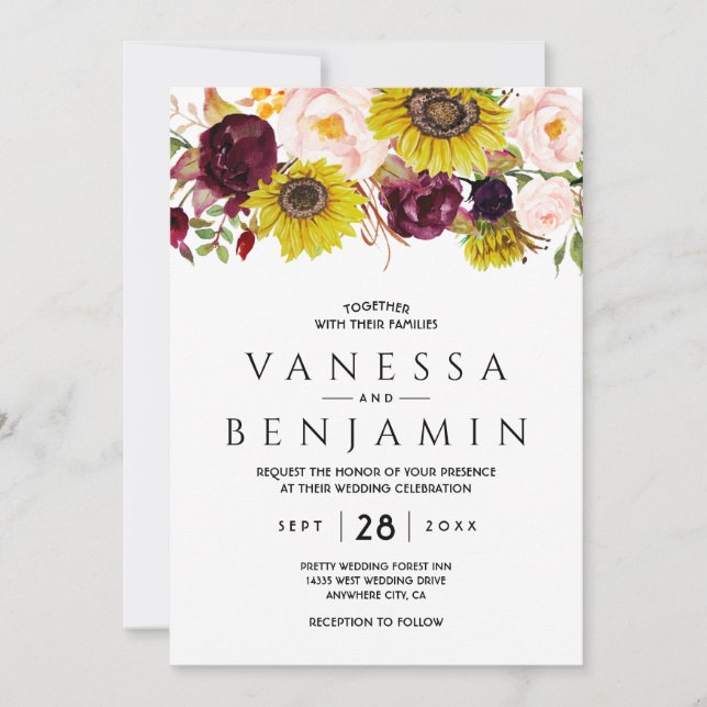 Sunflower Burgundy Red Blush Peony Rose Invitation (Front)