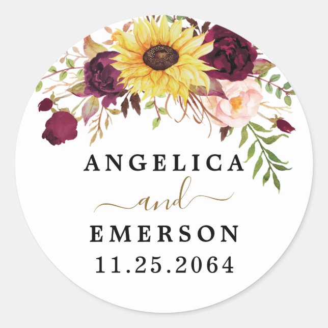 Sunflower Burgundy Red Blush Peony Rose Wedding Classic Round Sticker (Front)