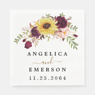 Sunflower Burgundy Red Blush Peony Rose Wedding Napkin