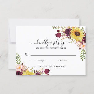 Sunflower Burgundy Red Blush Peony Rose Wedding RSVP Card