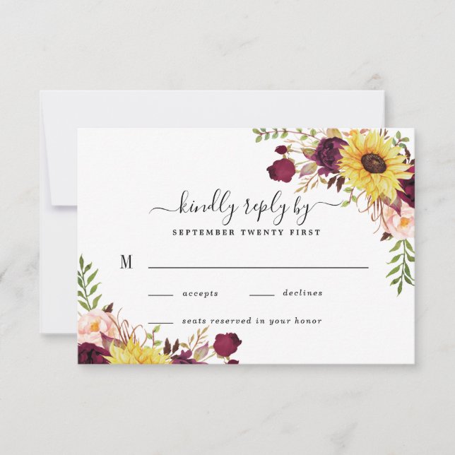 Sunflower Burgundy Red Blush Peony Rose Wedding RSVP Card (Front)