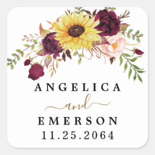 Sunflower Burgundy Red Blush Peony Rose Wedding Square Sticker