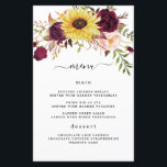 Sunflower Burgundy Red Blush Wedding Menu Cards<br><div class="desc">Design features a beautiful half wreath of watercolor sunflower,  peonies and rose floral elements in various shades of blush pink,  burgundy red,  Marsala/plum and more over painted greenery.</div>
