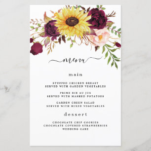 Sunflower Burgundy Red Blush Wedding Menu Cards
