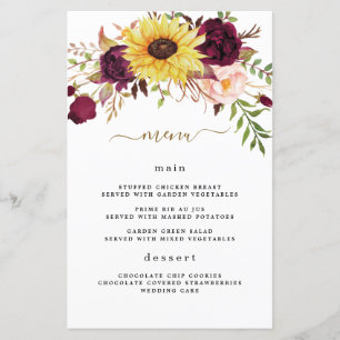 Sunflower Burgundy Red Blush Wedding Menu Cards