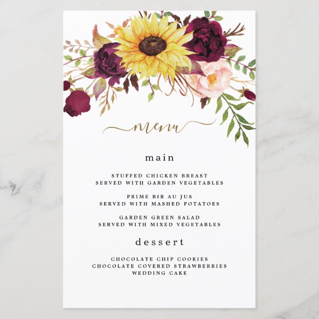 Sunflower Burgundy Red Blush Wedding Menu Cards (Front)