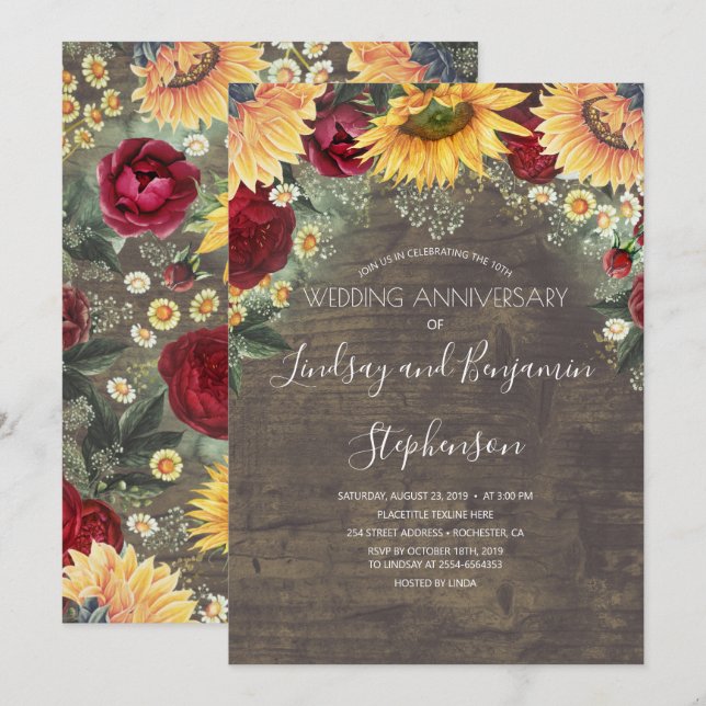 Sunflower Burgundy Red Rose Wedding Anniversary Invitation (Front/Back)